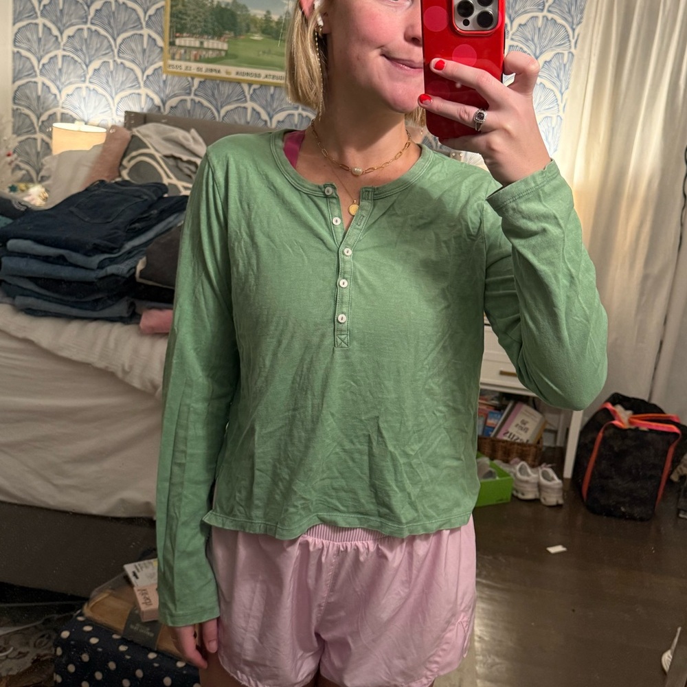 Aerie Green Long Sleeve Henley Top